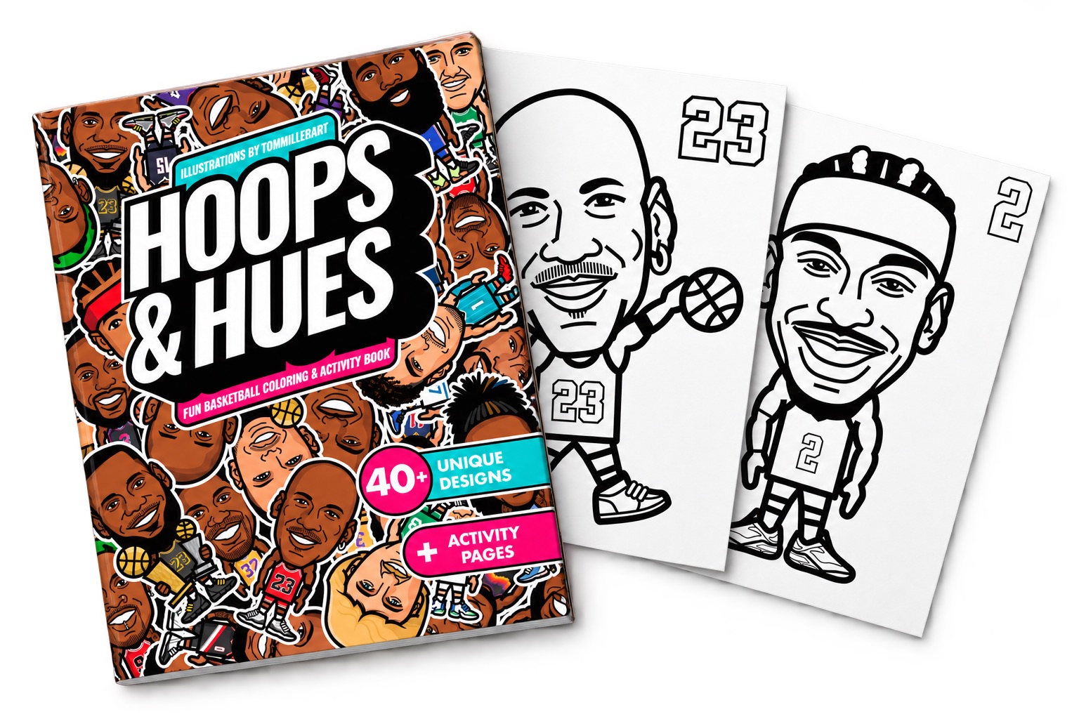 Hoops & Hues coloring book cover with sample coloring pages